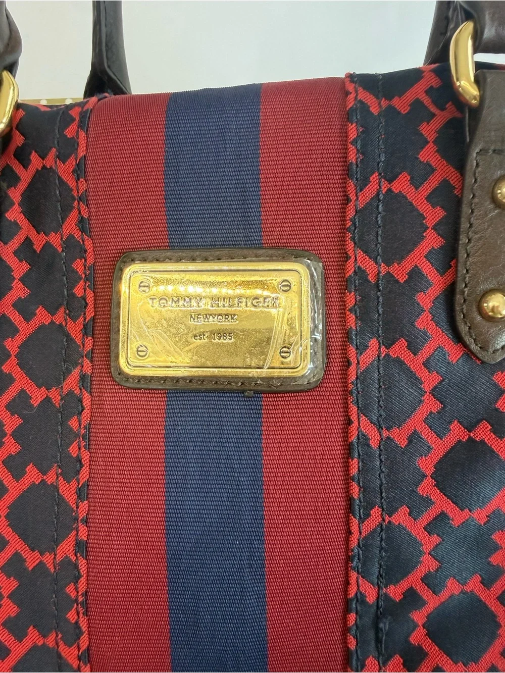 Tommy Hilfiger Nylon Satchel | Red Navy Monogram | Brown Trim